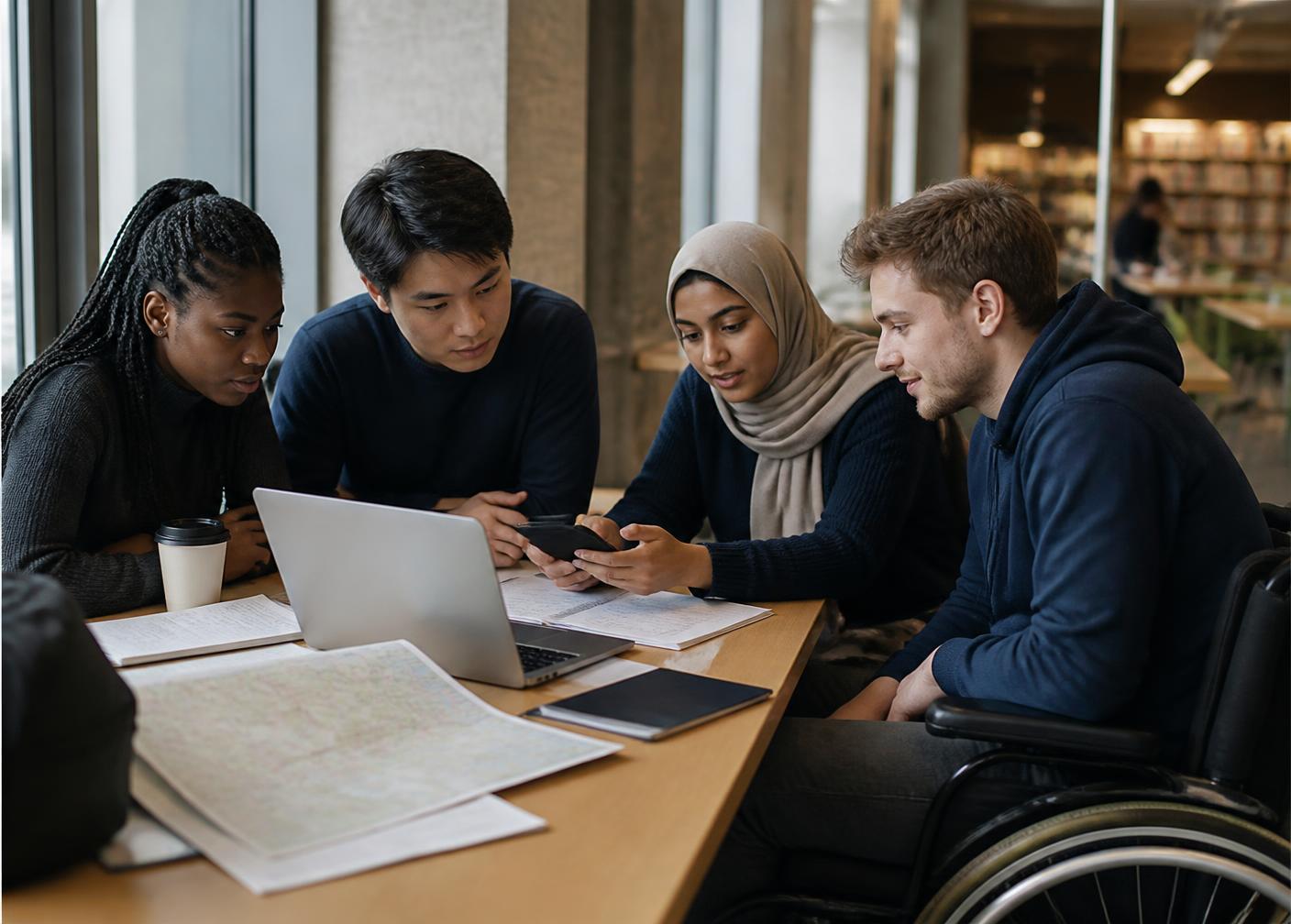 Four students of different backgrounds, one using a wheelchair, looking together at a laptop and a phone in a university study space.