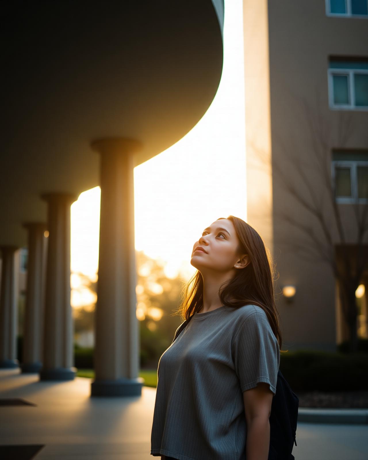 A student on a campus walkway at sunset, looking up towards the light.